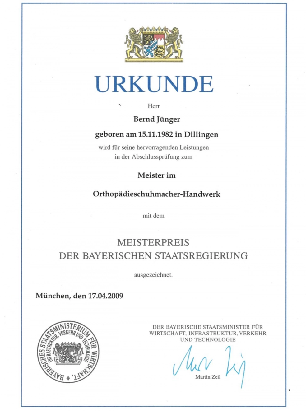 Urkunde Meisterpreis